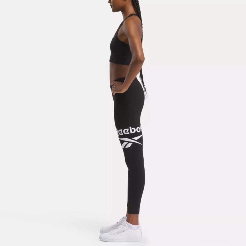 Reebok 7/8 Black Leggings NWT Logo on Leg elastic waist line size medium - Picture 3 of 8
